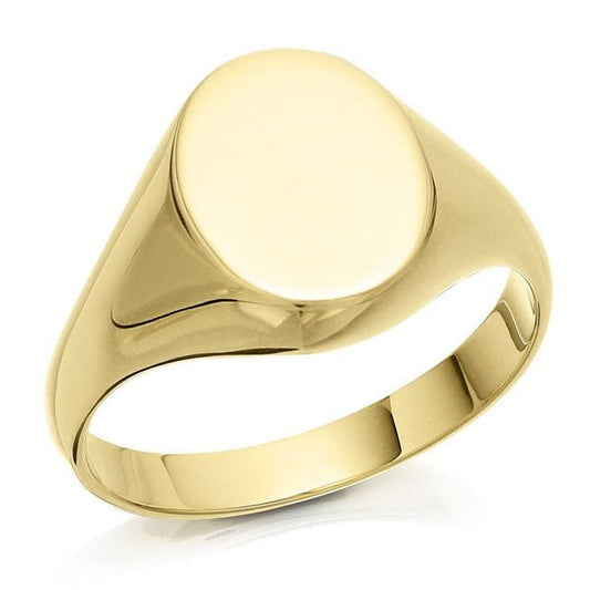 A 14ct gold oval signet ring on a white background